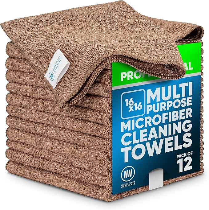 MW Pro Microfiber Cleaning Cloth | Tan | 12 Pack | 16” x 16” | All Purpose Microfiber Towels - Clean Dust Polish Scrub Absorbent