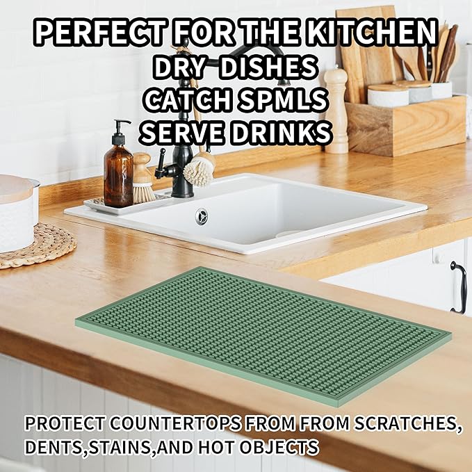 WAFT YEARN 18inX12in Bar Mat Dish Drying Mat Cocktail Service Spill Mats Bartending Countertop Kitchen Coffee Bar Silicone Non Slip Durable Flexible Absorbent Spill Resistant Rubber Heavy Duty Green