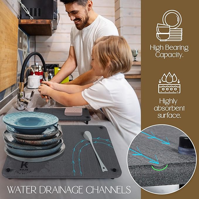 Stone dish drying mat for Kitchen counter diatomite stone dish anti- slip feet quick drying Odorless Heat Resistant eco-friendly mat 15.7 “x 11.8 “ and mini mat (Pure white 15.7 “ x 11.8 “)