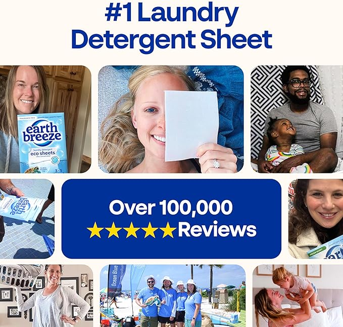 Earth Breeze Laundry Detergent Sheets Fragrance-Free - 180 Loads Eco Liquidless Soap - Travel-Friendly for Hot &amp Cold Cycles Tackles Tough Stains &amp Odors - Gentle on Sensitive Skin 90 Ct (3
