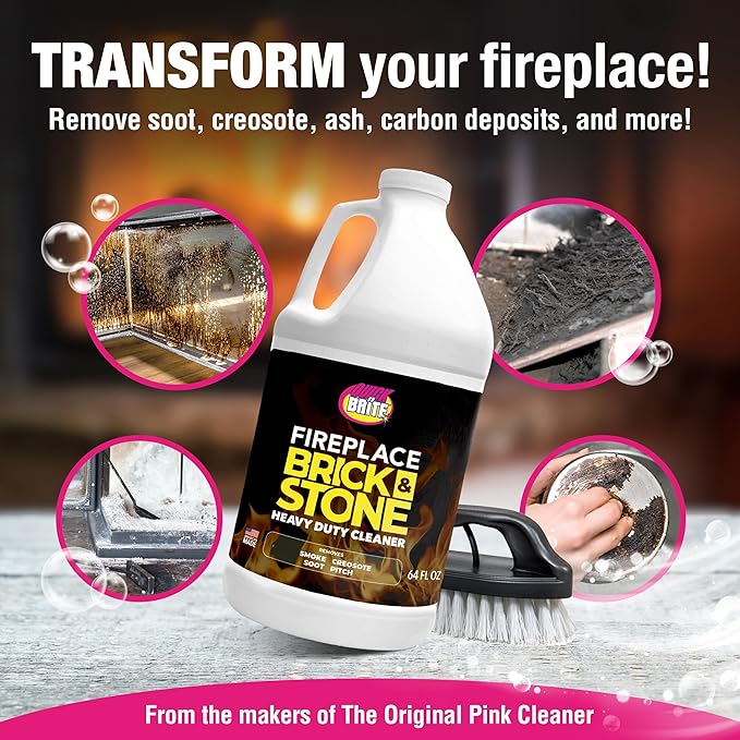 Quick 'n Brite Fireplace Brick and Stone Cleaner 64oz - Natural Stone Tile and Marble Cleaner with Scrub Brush - Indoor Fireplace and Wood Stove Cleaning Kit - Pellet Stove Creosote Remover