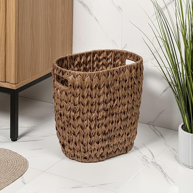 happimess HPM1407B-SET2 Maple Contemporary Farmhouse Resin 4.5-Gallon Tapered Oval Wicker Watebasket with Handles Brown (Set of 2)