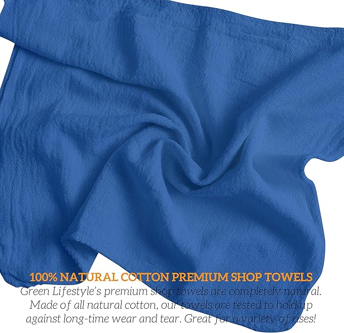 GREEN LIFESTYLE Blue Shop Towels 12x14 600 Pack 100% Cotton Super Absorbent &amp Durable Shop Rags Reusable Shop Rags Bulk Multipurpose Cleaning Towels for Automobiles Industries Garage and Hom
