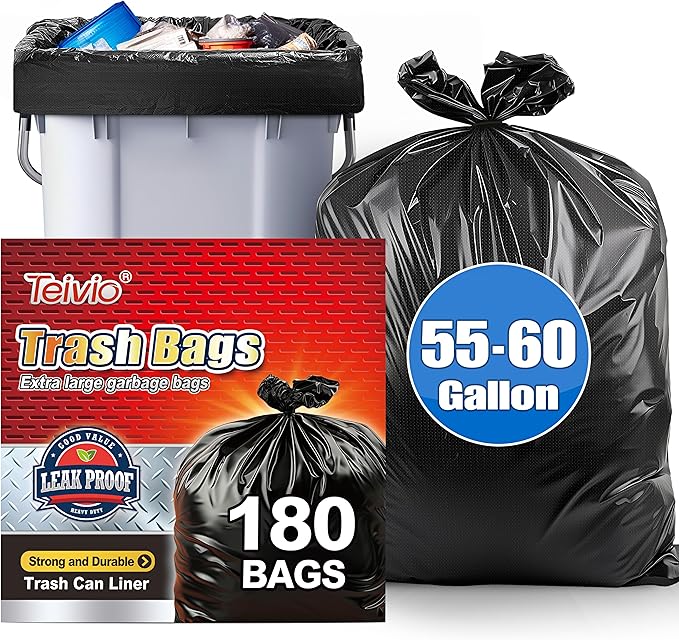 Teivio 55-60 Gallon Black Trash Bags | 180 Bags Extra Large Multi-Use Heavy Duty Commercial Garbage Bags | Lawn And Leaf Bags | Outdoor Yard Waste Bag | Contractor Workshops Trash Bin Liner