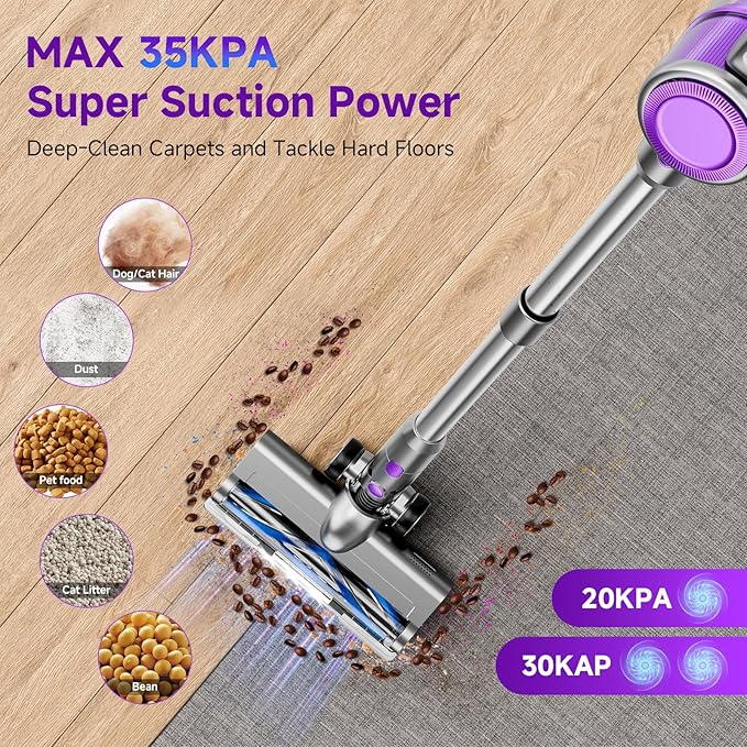 Cordless Vacuum Cleaner 38Kpa Vacuum Cleaners for Home 60Mins Lightweight Stick Vacuum with LED Display Anti-Tangle &amp Wall Mount  8 in 1 Lightweight Vacuum for Hard Floors Carpet Pet Hair Pur