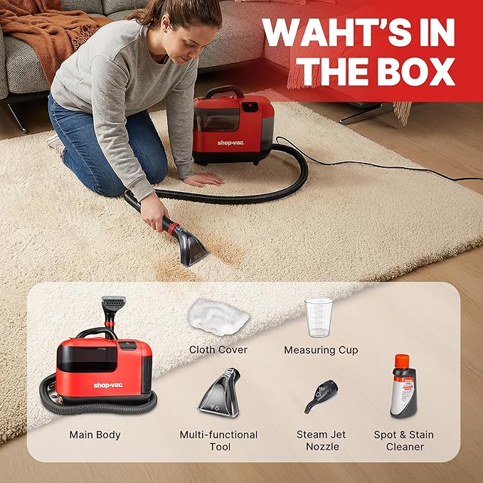 Shop-Vac Portable Carpet Cleaner Machine Upholstery Cleaner with Steam &amp Heating System 3 Modes Deep Stain Removal with Self-Cleaning Tool for Car Furniture Stairs and Fabric Cleaning 543022