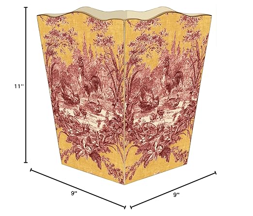 Marye-Kelley Red and Gold Rooster Toile Wastepaper Basket French Farmhouse Wood Scalloped Top Wastepaper Basket for Kitchen Bathroom Bedroom Living Room Handmade Made in The USA