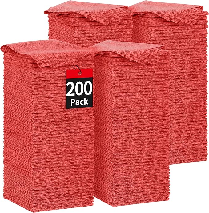 HOMERHYME Microfiber Cleaning Cloth 200 Pack Red Cleaning Rags Microfiber Towel Bulk Absorbent Lint-Free Wash Cloths All-Purpose Towels for Cars Shop Automotive Garage Home &amp Kitchen