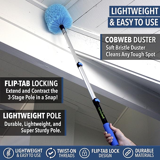 EVERSPROUT 1.5-to-3 Foot Cobweb Duster and Extension-Pole Combo (8-10 Ft Standing Reach Soft Bristles) | Hand Packaged | Lightweight 3-Stage Aluminum Pole | Indoor &amp Outdoor Use Brush Attachment