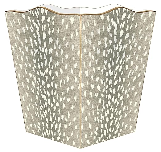 Marye-Kelley Taupe Antelope with Silver Trim Wastepaper Basket Scalloped TopNeutral Animal PrintHandmade in The USA Wastebasket for Bedroom Bathroom Living Room Office Kitchen