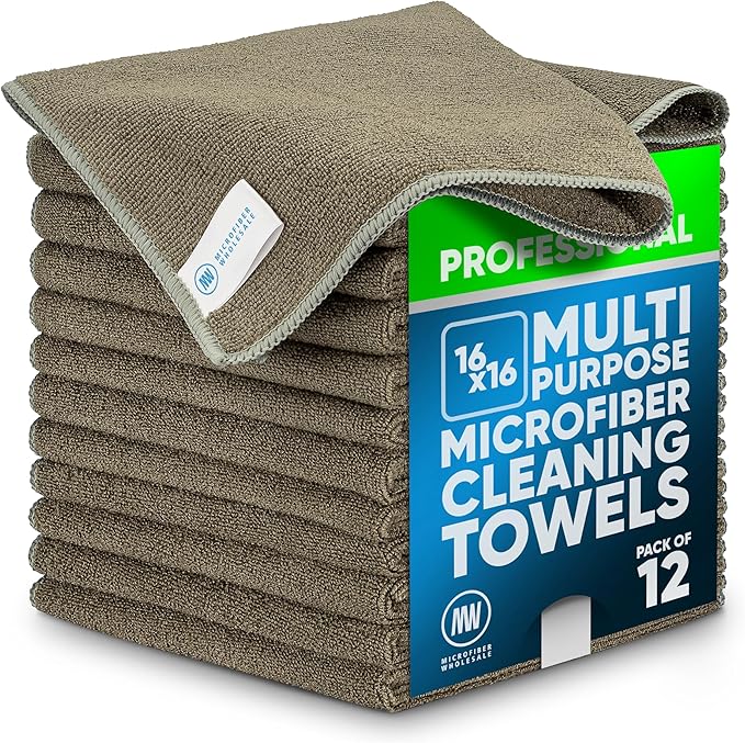 MW Pro Microfiber Cleaning Cloth | Olive | 12 Pack | 16” x 16” | All Purpose Microfiber Towels - Clean Dust Polish Scrub Absorbent