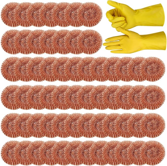 Hushee 50 Pack Copper Coated Scourers Rust Resistant Scrubbing Scouring Pad with 1 Pair of Rubber Household Cleaning Gloves Heavy Duty Copper Mesh Scourer for Dishes Pots Pans and Ovens