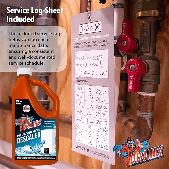 DrainX Tankless Water Heater Flushing Kit Includes Submersible Pump Hoses Liquid Descaler Solution and Measuring Bucket