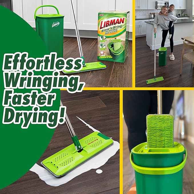 Libman Rinse 'n Wring Mop and Bucket System Microfiber Dry Wet Mop for Floor Cleaning Hardwood Laminate Tile Cleaner Dual Chamber Bucket Design 2 Total Refill Replacement Head Pads