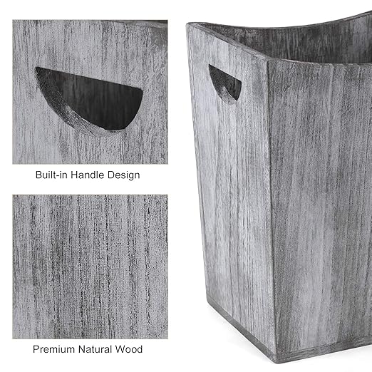 BTY Farmhouse Wooden Trash Can Small Square Wastebasket Garbage Container Bin Holder Rustic Torched Home Kitchen Office Trash Cans with Handle for Living Room Dorm - Gray Green
