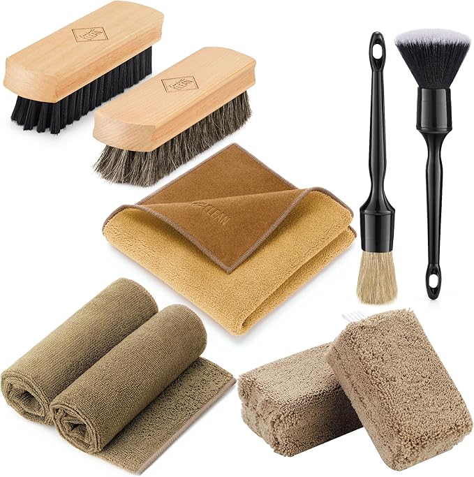 Fantasticlean 9PC Car Detailing KitBoars Hair BrushHorse Hair BristleSuede-Coral ClothCar Dust BrushMicrofiber Towel &amp ApplicatorScratch-Free &amp Ultra-Soft for Leather Seats &amp Interi