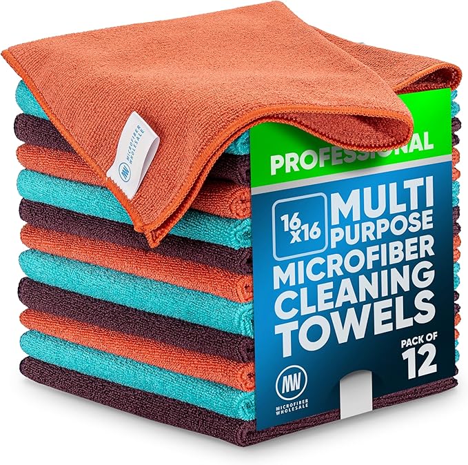 MW Pro Microfiber Cleaning Cloth | Coral Teal Plum | 12 Pack | 16” x 16” | All Purpose Microfiber Towels - Clean Dust Polish Scrub Absorbent
