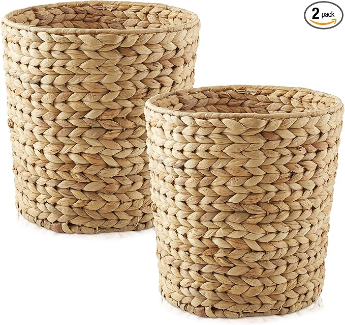 Casafield Set of 2 Water Hyacinth Waste Baskets - Natural Round Woven Trash Can Bins for Bathroom Bedroom Laundry Room Home Office