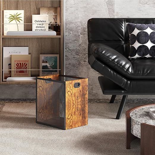 Retro Office Trash Can Iron and Wood Combination Bedroom Garbage Can Rectangular Design Wastebasket with Handle Industrial Style Trash Can for Home Office 4.5 Gallon (Patent Pending)