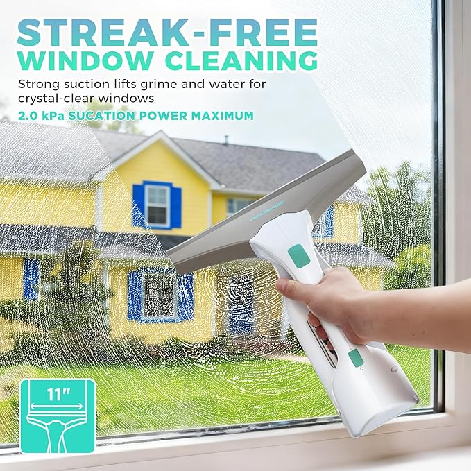 HAUSHOF Electric Window Vacuum Squeegee 11 Vacuum Squeegee Cordless Cleaner Tool Set Window Vac with 300ml Spray Bottle &amp 100ml Water Tank for Mirror Countertop Showers