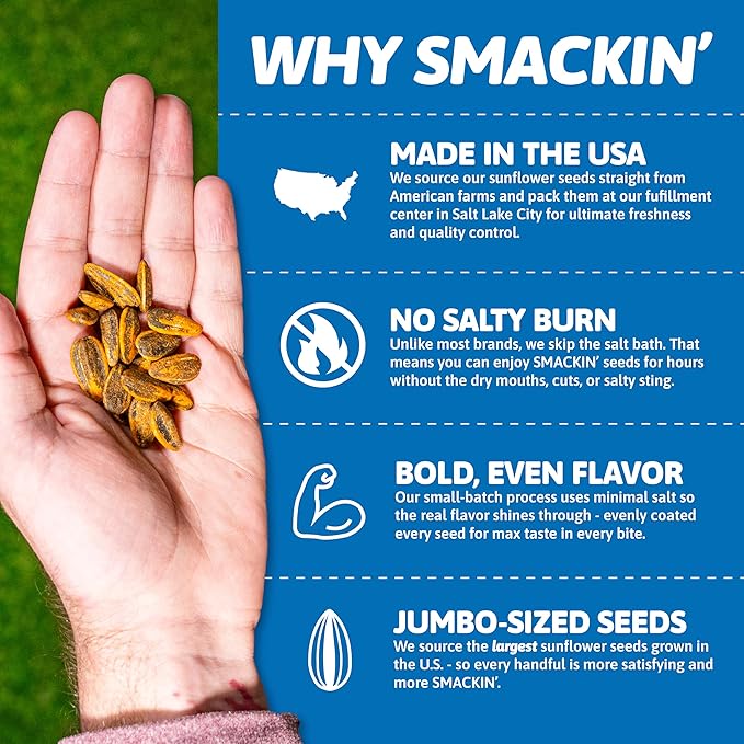 SMACKIN' - Jumbo Roasted Sunflower Seeds No Salty Burn American Made Easy Pour &amp Seal - Dill Pickle 4oz bag (12 Bags)