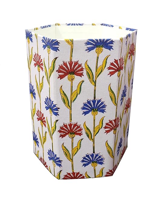 Christmas Decorative Hand Block Printed Waste Basket/Trash Can/Garbage Can/Card Board Trash Can Housewarming Gift (SkyBlue&ampRed)