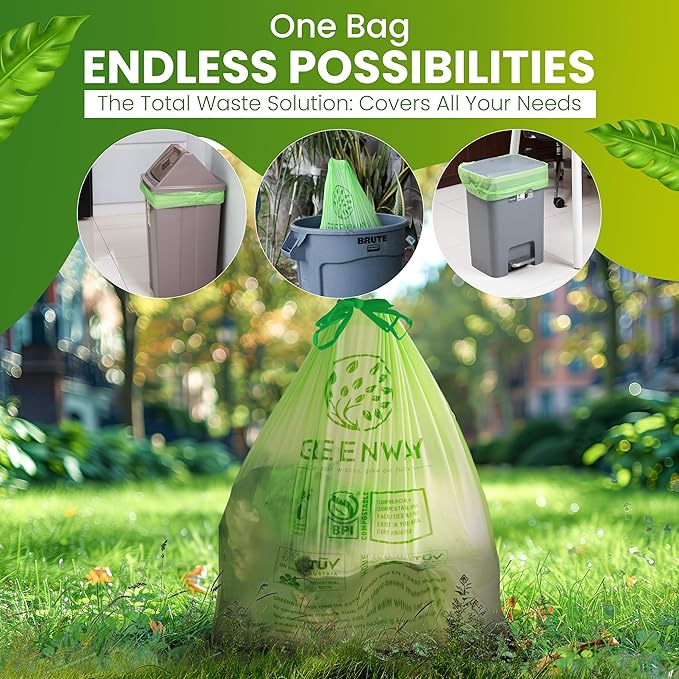 GREENWAY 13 Gallon Compostable Trash Bags Drawstring 50 Bags Heavy Duty Extra Thick 0.90 Mil Tall Kitchen Food Scrap Waste Bags US BPI and Europe OK Compost Home Certified