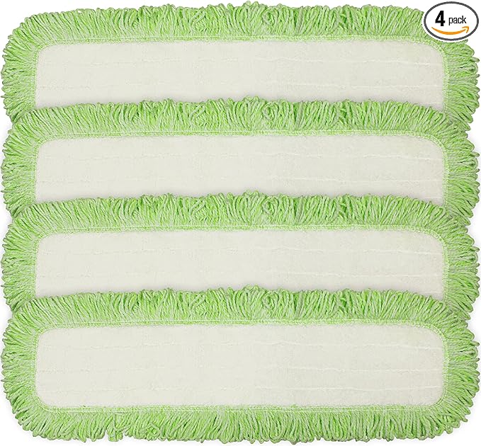 CleanAide Commercial Microfiber Dry Mop Pad Refill 24 Inch Floor Cleaning Pads with Coral Weave and Rope Border Reusable for Hardwood Tile Vinyl Fits Most Mop Frames Green Trim 4-Pack