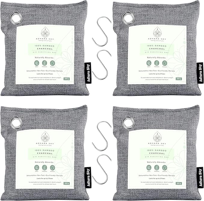 12 Pack Bamboo Charcoal Air Purifying Bag Activated charcoal Bags Odor Absorber Odor Eliminator for Home Car Office Closet &amp House Deodorizer (6X200g2X100g4X50g6 Hooks &amp Strings)
