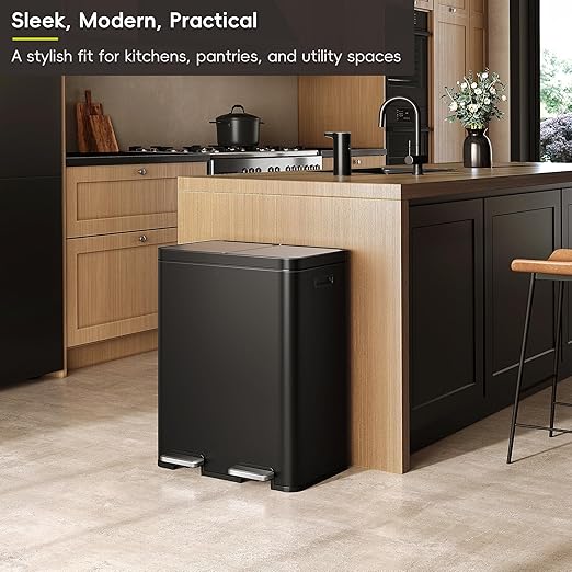 EKO Edison 8+8 Gallon Dual Trash Can for Recycling and Trash Stainless Steel Kitchen Step Can with Dual Removable Inner Bucket Independent Lids and Pedals Black