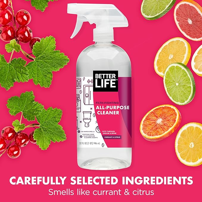 Better Life Bathroom Cleaner 32 Oz 2 Pack + All Purpose Cleaner Currant and Citrus 32 Oz 1 Pack
