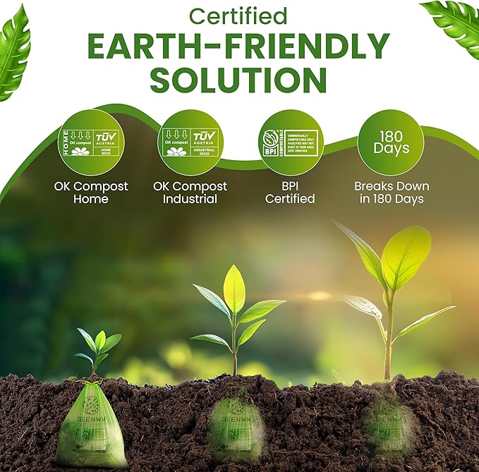 GREENWAY 13 Gallon Compostable Trash Bags Drawstring 50 Bags Heavy Duty Extra Thick 0.90 Mil Tall Kitchen Food Scrap Waste Bags US BPI and Europe OK Compost Home Certified