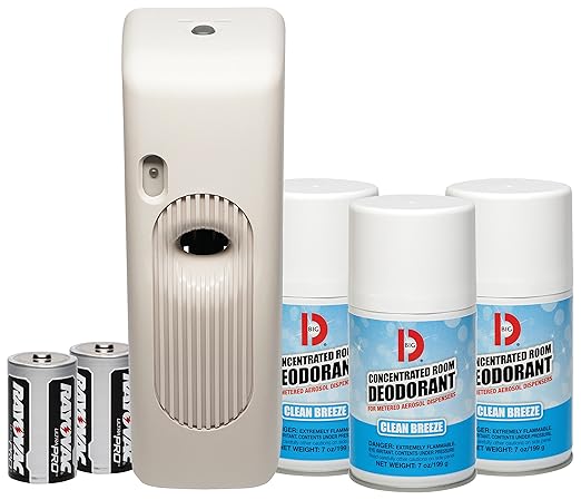 Big D 878 Metered Aerosol Starter Kit Clean Breeze Fragrance (Contains Dispenser 2 Batteries 3 Aerosol Cans) - Air freshener ideal for restrooms offices schools restaurants hotels stores