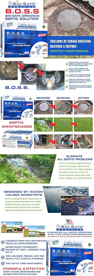 B.O.S.S. Bio-Safe Organics Septic Tank Treatment 36 Month Supply 2.5 oz Bags - Patented Bact Enzyme Exxon Valdez Septic System Monthly Maintenance Formula - Treats All Septic Systems - 3 Pack