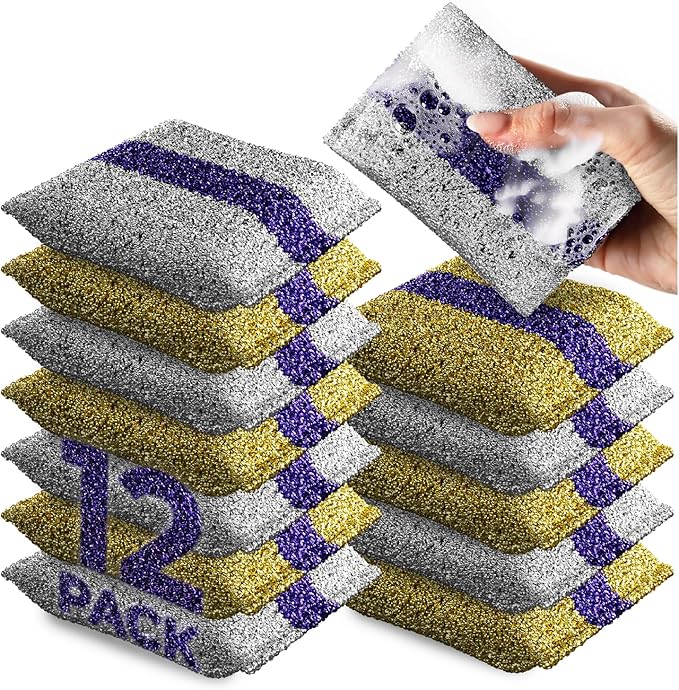 HELOMOR 12 Pack Dish Wash Sponges for Kitchen Heavy Duty Non Scratch Dish Sponge Wire Scrub Sponges for Cleaning Cookware Glass Countertops Pans Pots with Special Scrubbing Strip