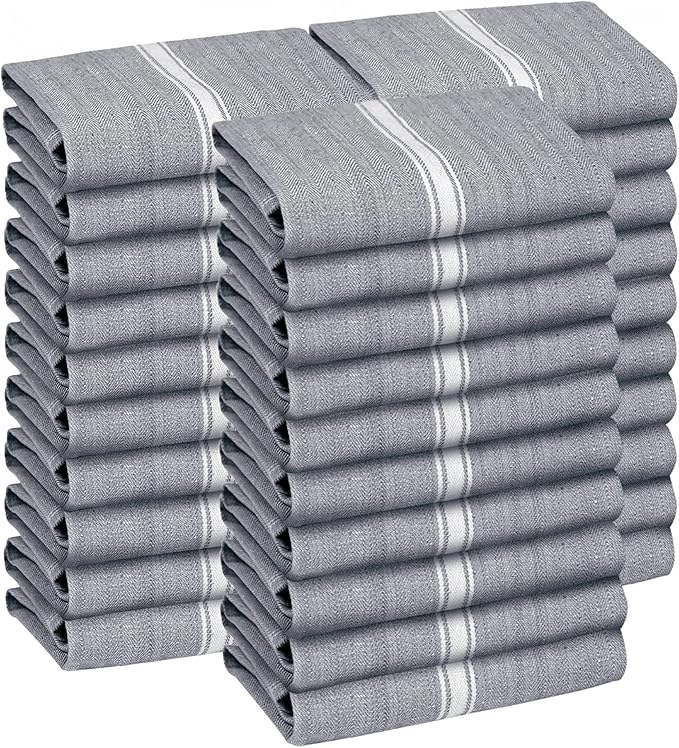 Zeppoli Classic Kitchen Towels - 30 Pack 100% Natural Cotton Towel Set Reusable Wash Cloths Absorbent Dish Towels Machine Washable Hand Towels Kitchen Essentials - 14” by 25” - Gray Base