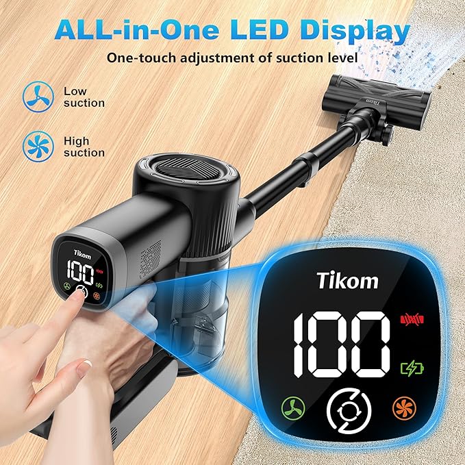 Tikom Cordless Vacuum Cleaner for Home 40000Pa/450W Stick Vacuum with Charging Wall Dock Anti-Tangle Lightweight Handheld Vacuum for Pet Hair Hard Floor Carpet V450