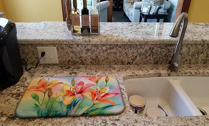 Caroline's Treasures DAC1588DDM Lilies in Watercolor Dish Drying Mat Absorbent Dish Drying Mat Pad for Kitchen Counter Dish Drainer Mat for Countertop 14 x 21 Multicolor