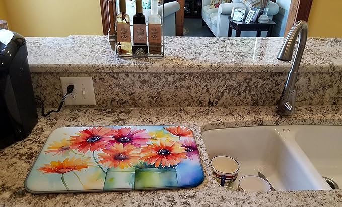 Caroline's Treasures DAC1571DDM Gerbera Daisies in Watercolor Dish Drying Mat Absorbent Dish Drying Mat Pad for Kitchen Counter Dish Drainer Mat for Countertop 14 x 21 Multicolor