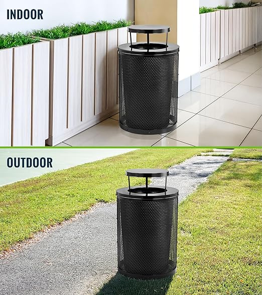 Alpine Outdoor Trash Can 36 Gallon Diamond Steel Commercial Metal Waste Bin with Leak Proof Liner Heavy Duty Steel Mesh Design Rain Bonnet Lid &amp Flat Lid for Parks Streets and Public Spaces-Bl