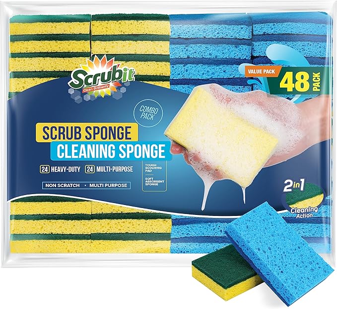 SCRUBIT 48 Pack Kitchen Sponges Dish Sponge for Washing Dishes Kitchen &amp Bathroom – Blue &amp Yellow Dishwashing Sponges Along with A Thought Scrubber – Bulk Cleaning sponges Kitchen (Blue Yell