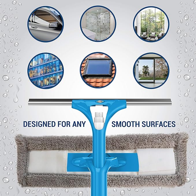 SCRUBIT Extendable Squeegee Window Cleaner- Window Cleaning Tool with Microfiber Scrubber &amp Spray Head - 58 Long Extension Pole for High Windows and Outdoor Glass Washing - Shower Cleaning Kit