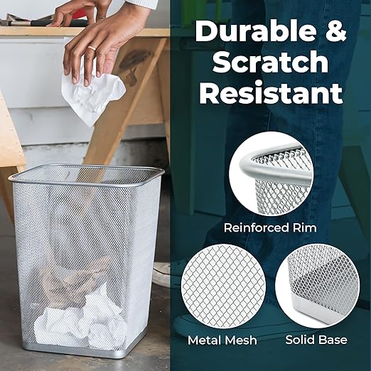 Greenco Mesh Square Wastebasket 6 Gallon 2pk (Silver) - Lightweight Garbage Trash Cans for Bedroom Kitchen Dorm - Trash Can for Office &amp Home