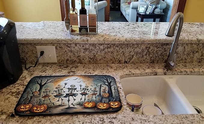 Caroline's Treasures DAC2235DDM Dancing Skeletons Spooky Halloween Dish Drying Mat Absorbent Dish Drying Mat Pad for Kitchen Counter Dish Drainer Mat for Countertop 14 x 21 Multicolor