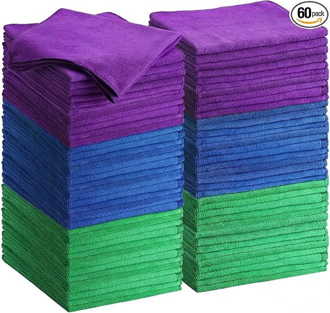 Nuenen Cleaning Cloths for Cars 16 x 16 Inch Ultra Absorbent Towels Drying Microfiber Reusable Cleaning Supplies House Kitchen Window Microfiber Towel (PurpleBlueGreen60 Pcs)