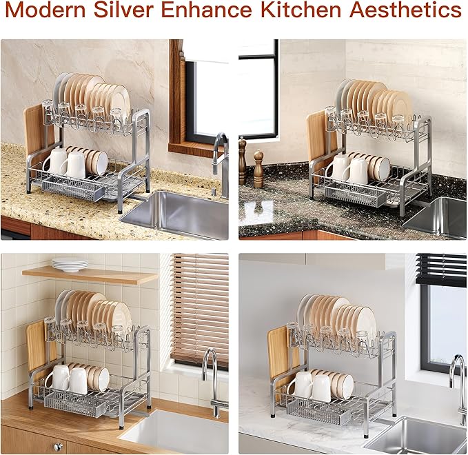 2 Tier Dish Drainers Drying Rack for Kitchen Counter Large Stainless Steel Dishes Drain with Drainboard Space Saving Big Modern Silver Countertop Metal Plates Dryer Strainer Holder and Extra Tray