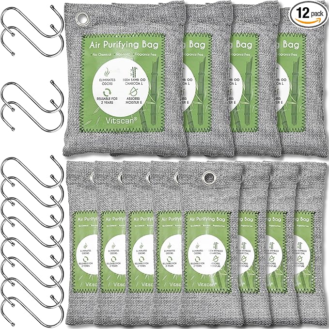 12 Pack Bamboo Charcoal Air Purifying Bag Activated Charcoal Bags Odor Absorber Moisture Absorber Natural Car Air Freshener Shoe Deodorizer Odor Eliminators For Home Pet Closet (8x50g 4x200g)