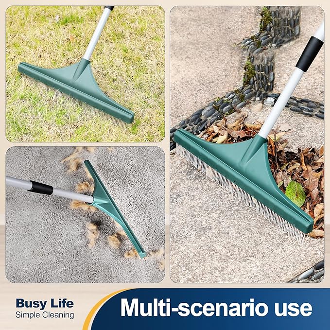 Yocada Artificial Turf Rake Grass Brush Broom Carpet Lawn Leaf Rake Cleaner Broom Telescopic Iron Pole for Yard Cleaning and Pet Hair Removal 56.69