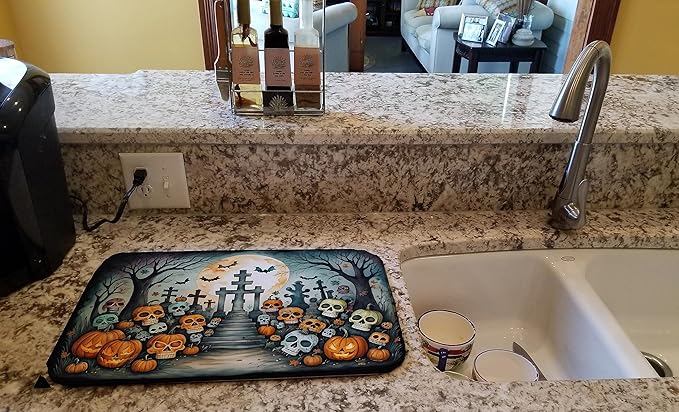 Caroline's Treasures DAC2274DDM Calaveras Sugar Skulls Spooky Halloween Dish Drying Mat Absorbent Dish Drying Mat Pad for Kitchen Counter Dish Drainer Mat for Countertop 14 x 21 Multicolor