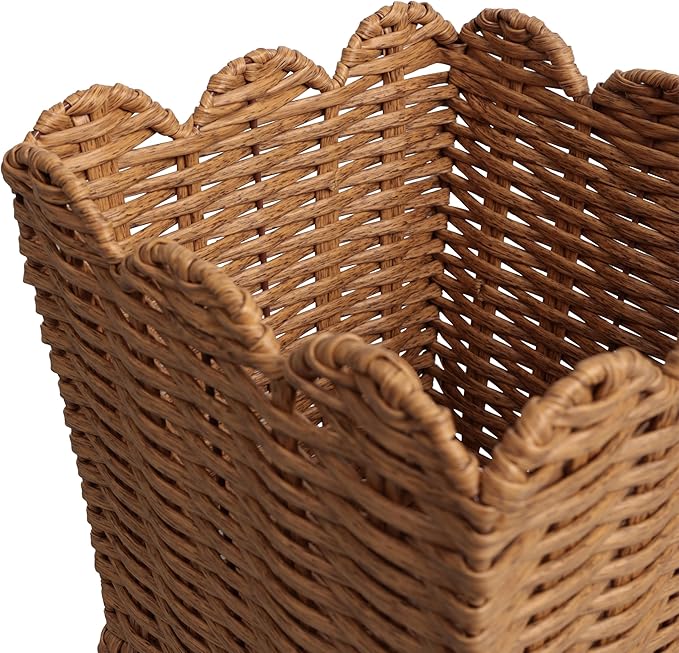 happimess HPM1409A-SET2 Silas Modern Farmhouse Resin 3.3-Gallon Tapered Square Wicker Watebasket with Scalloped Edge Natural (Set of 2)